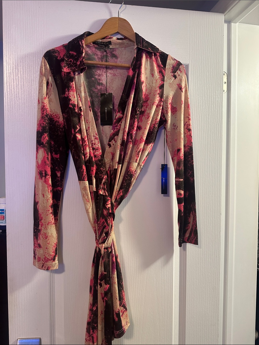 BCBGMaxAzria Pink, Black & Beige Abstract Wrap Dress
